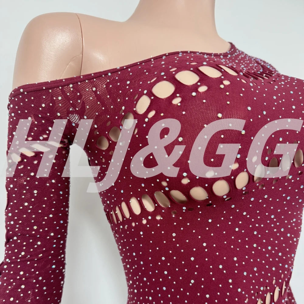 HLJ&GG Sexy Rhinestone Hollow Bodycon One Piece Jumpsuits Women One Shoulder Long Sleeve Slim Playsuit Fashion Clubwear Overalls