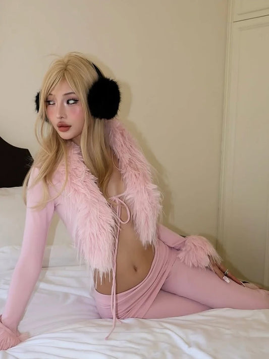 Weird Puss Feather Patchwork 2 Piece Set Women Bandages Bell sleeve Crop Top+Peach Hip Flare Pants Sexy Stretch Party Streetwear