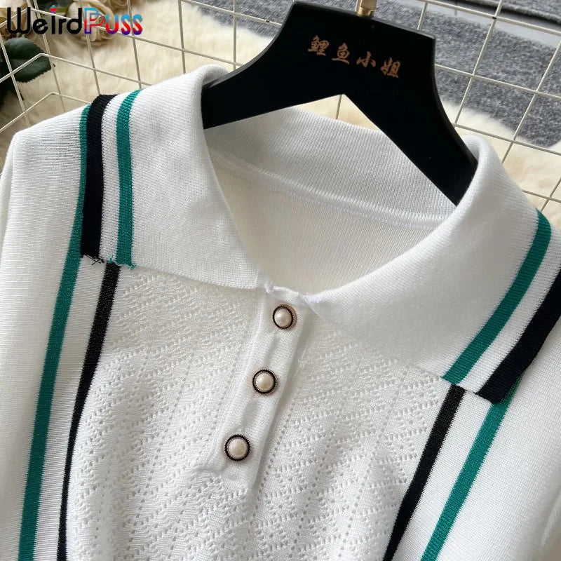 Weird Puss Contrast Stripe Dress Women Knitted Polo-Neck Short Sleeve Ruffles Stretch Hem Casual Trend Streetwear Mini Bodycon