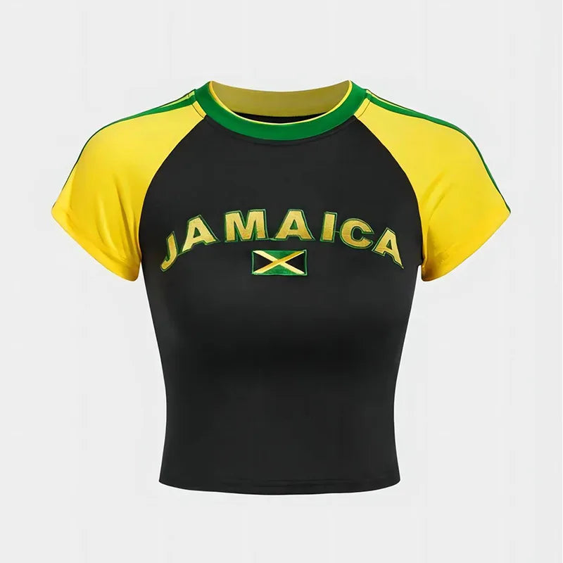 Women Aesthetic Jamaica Letter Print T-shirt Vintage Grunge Short Sleeve Baby Tees 2000s Summer Sexy Crop Tops Gothic Y2k Clothe