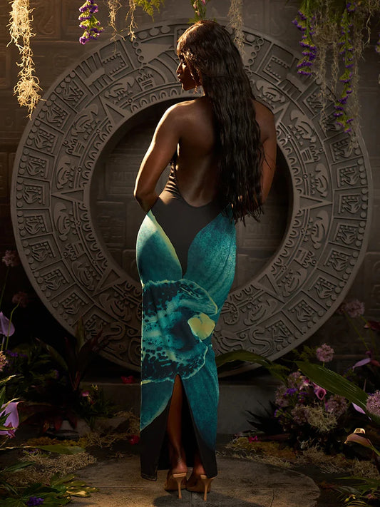 Weird Puss Orchid Print Women Halter Dress Sexy Y2K Sleeveless Backless Bandage Behind Splits Elegant Midnight Clubwear Vestidos