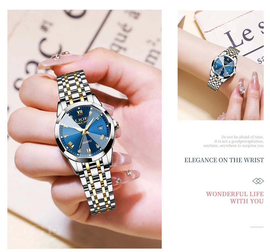 LIGE Elegant Ultrathin Nordic Simple Style Quartz Movement ladies Wristwatch Fashion Stainless Steel Bracelet Belt Watch