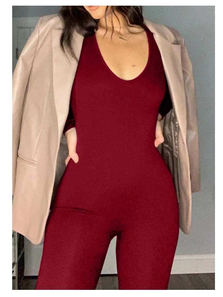 2024 Spring and Summer New Women's Jumpsuit Long Sleeve Solid Color Skinny Jumpsuit Fashion Sports Fitness Jumpsuit Pullover