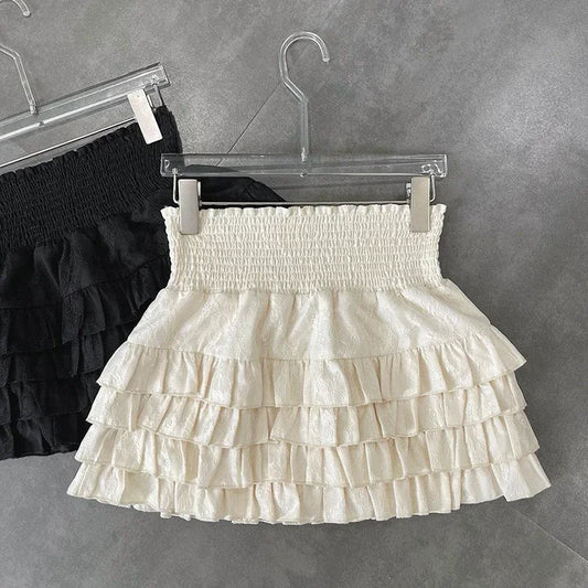 Streetwear Ruffles Mini Skirts Women Sweet High Waist Lace A Line Skirt Summer Korean Fashion Black Ball Gown Skirts