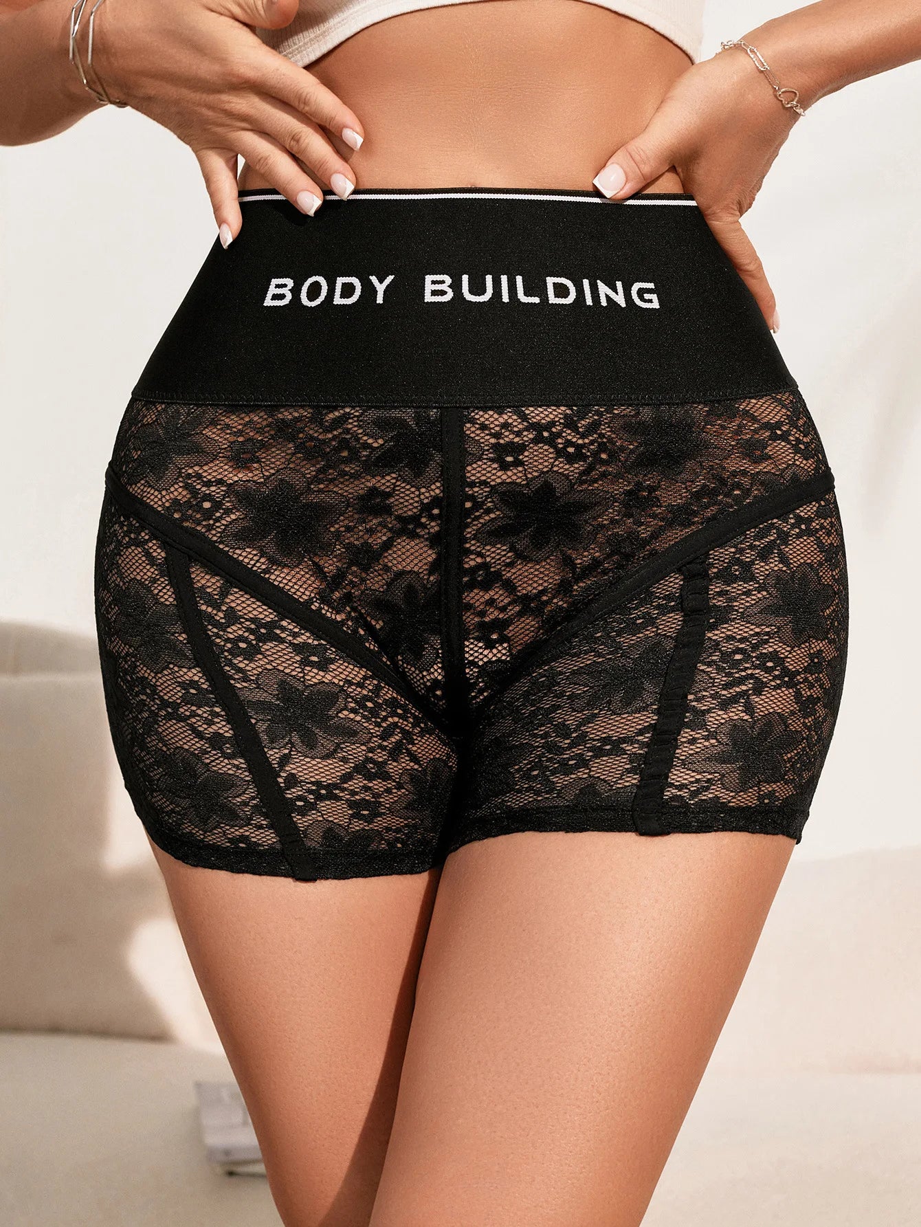 HLJ&GG Trendy Summer New Letter Printing Lace See Though Shorts Two Piece Sets Women Round Neck Slim Crop Top And Shorts Outfits