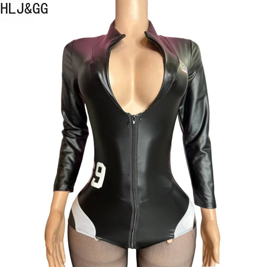 HLJ&GG Black Sexy Deep V Letter Print Bodysuits Women Zipper Long Sleeve Stretchy Bodycon Romper + Mesh Skinny Socks Outfits New