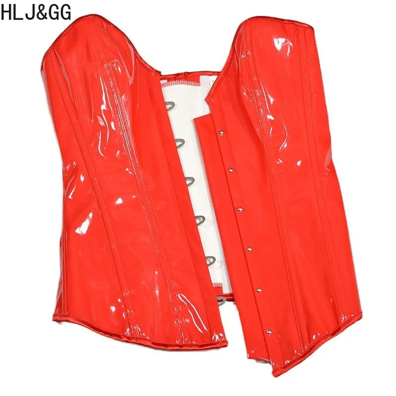HLJ&GG Sexy Glossy Leather Corset Two Piece Sets Women Off Shoulder Slim Crop Top+Leopard Shorts Outfits Fashion Y2K Streetwear