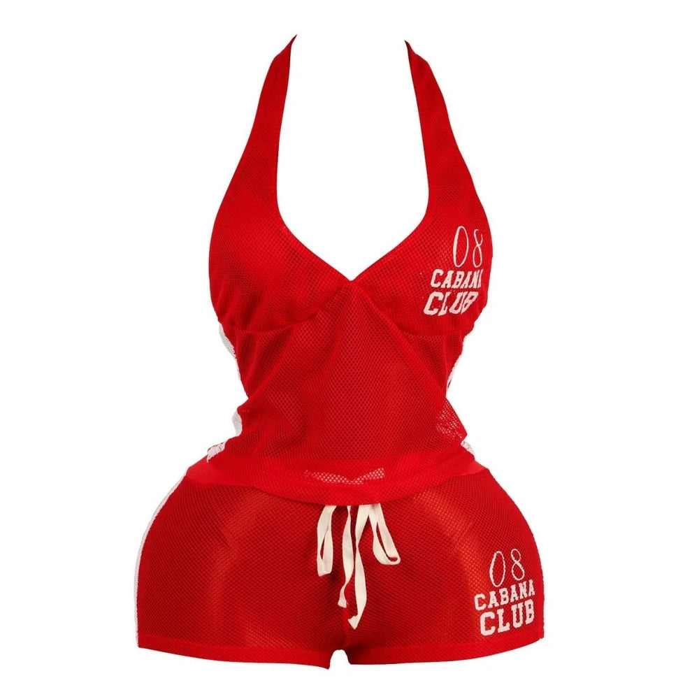 HLJ&GG Red Fashion Mesh Letter Print Two Piece Sets Women Halter Slim Crop Top+Drawstring Shorts Outfits Y2K Summer Streetwear
