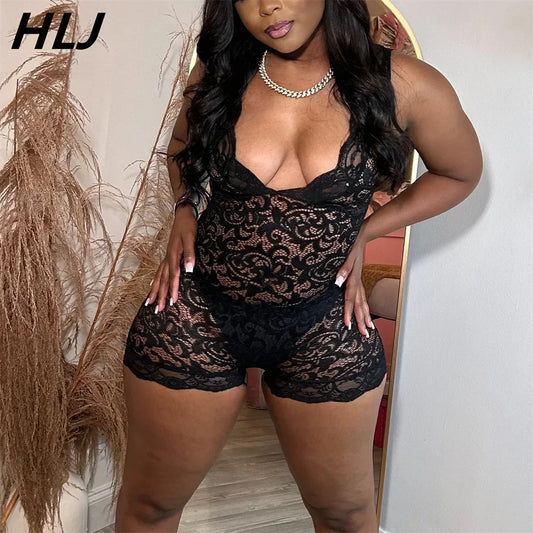 HLJ&GG Sexy Lace Perspective Hollow Out Bodycon One Pieces Rompers Womens V Neck Sleeveless Slim Jumpsuits Female Playsuits 2024