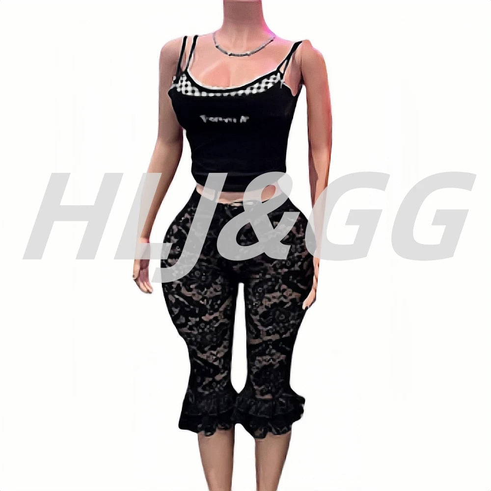 HLJ&GG Y2K Fashion Lace Bandage Hollow Out Two Piece Sets Women Off Shoulder Short Sleeve Slim Crop Top And Ruffle Shorts Outfit