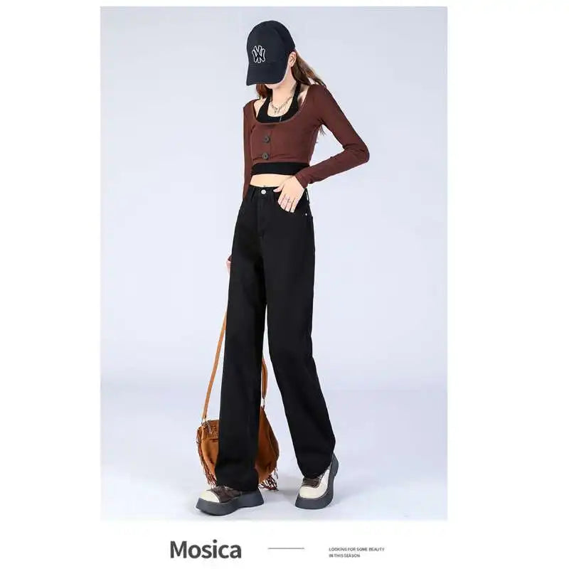 Ladies Vintage Wide Leg Jeans Girls High Waist Pants Female Fashion Black Black Grey Retro Blue Light Blue Pink Trousers