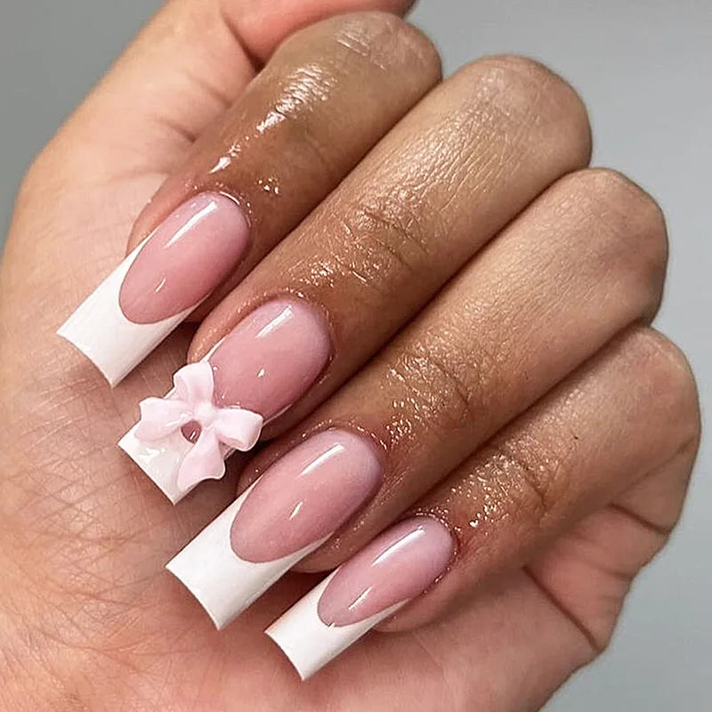 White French Press on Nails 3D Bowknot Fake Nails Tips Full Cover Wearable False Nails for Women and Girls DIY 24Pcs