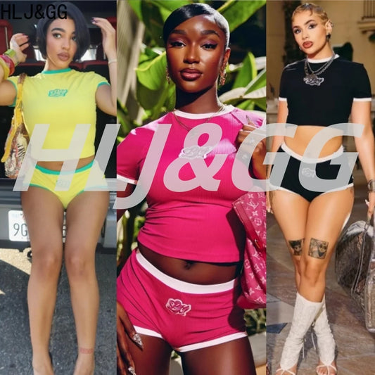 HLJ&GG Y2K Fashion Hot Girl Embroidery Two Piece Sets Women Round Neck Slim Crop Top And Shorts Outfits Summer New 2pcs Outfits