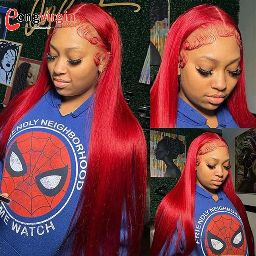 250% Hot Red 360 Full Lace Wig Human Hair Pre Plucked Hd Transparent Lace Front Wig 99J Bone Straight Lace Frontal Wig For Women