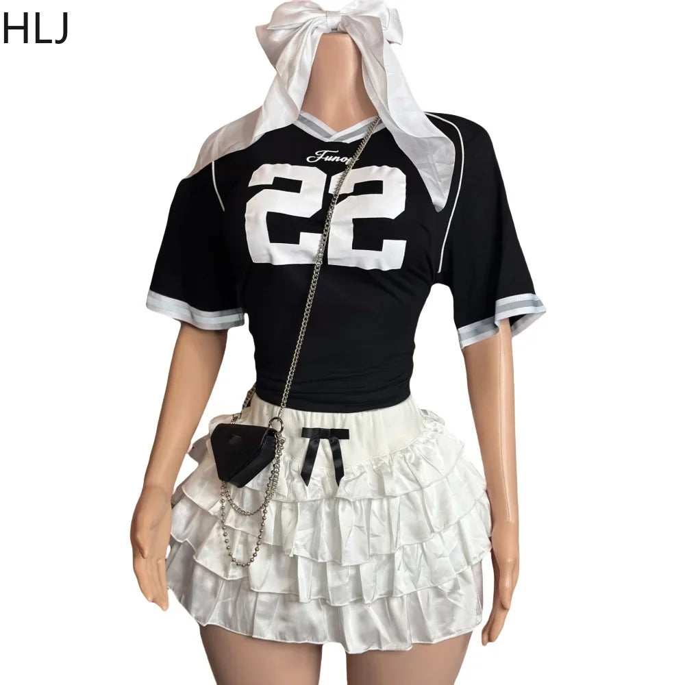 HLJ&GG Black Fashion Basketaball Tshirt Two Piece Sets Women V Neck Short Sleeve Top+Mini Bow Ruched Skirts Outfits Streetwear