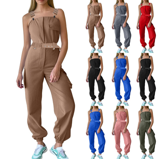 Lady's Fashion Clasp Pocket Cargo Romper Jumpsuits, Casual Jumpsuit Summer
