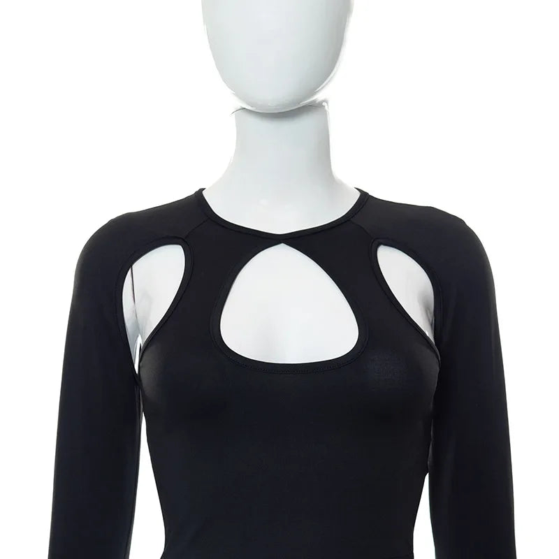 2023 Summer Long Sleeve Cropped Women Top Sexy Aesthetic Club O Neck Fairy Grunge Black Women's top