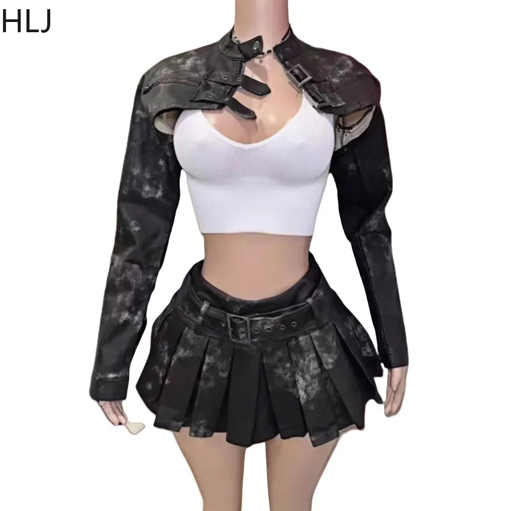 HLJ&GG Balck Fashion Punk Rock Leather Two Piece Sets Women Button Long Sleeve Crop Jacket+Belt Pleated Skirts Outfit Streetwear
