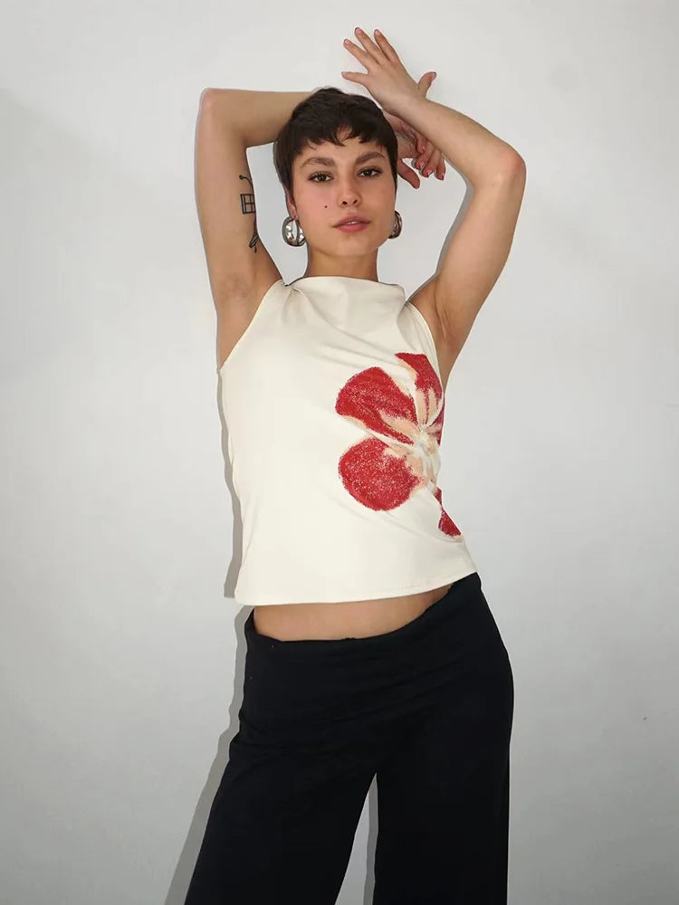 Women's Flower Print Crop Tank Top Fitted Boat Neck Sleeveless Summer Top for Party Club 2025 New Fashion
