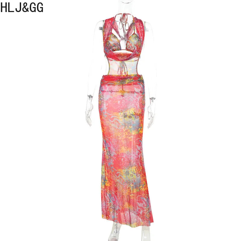 HLJ&GG Sexy Deep V Mesh See Though Bandage Long Dresses Women Tie Dye Print Sleeveless Backless Slim Vestidos Fashion Streetwear