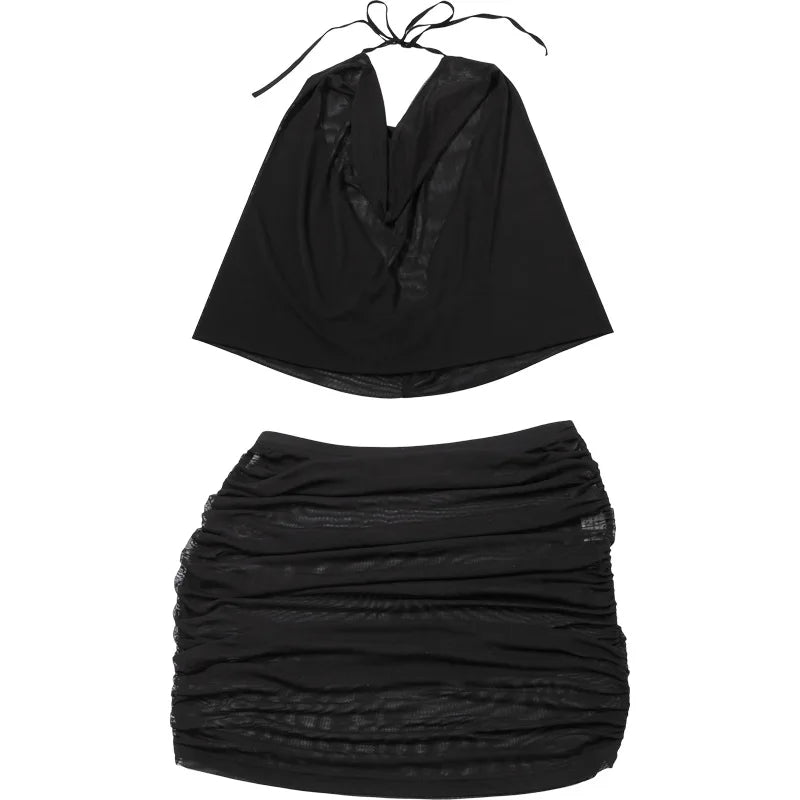 HLJ&GG Sexy Ruched Halter Deep V Mini Skirts Two Piece Sets Women Sleeveless Backless Lace Up Crop Top+Skirts Outfits Streetwear