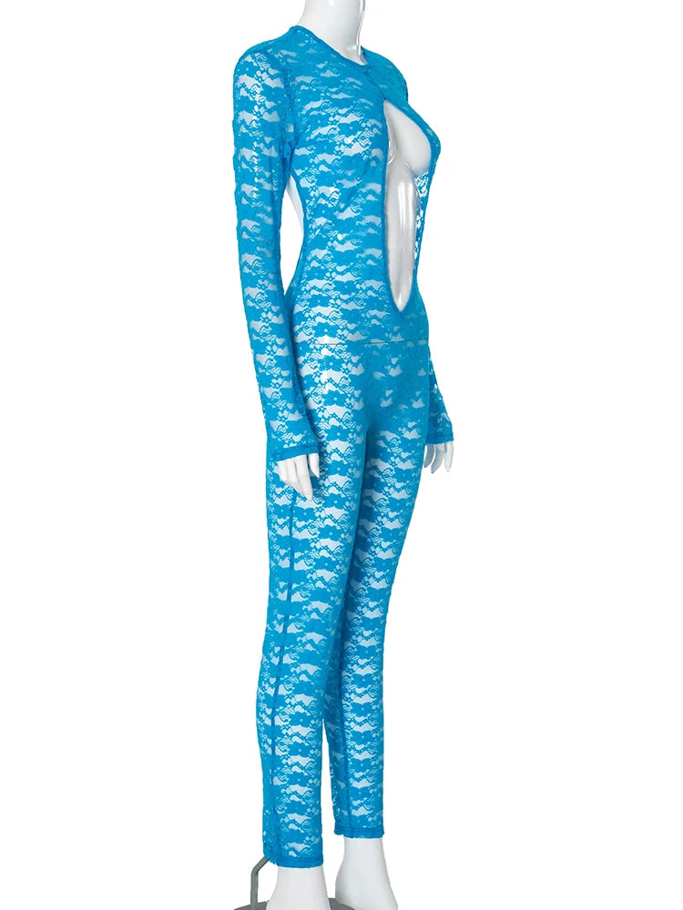 Weird Puss Coquette Women Jumpsuit Jacquard Midnight Sexy Hollow Backless Full Sleeve Overalls Club Workout Activity Clubwear