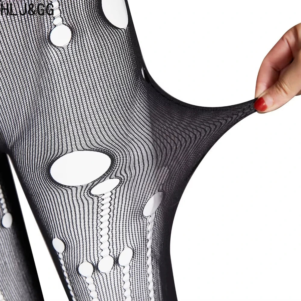 HLJ&GG Black Sexy Deep V Letter Print Bodysuits Women Zipper Long Sleeve Stretchy Bodycon Romper + Mesh Skinny Socks Outfits New
