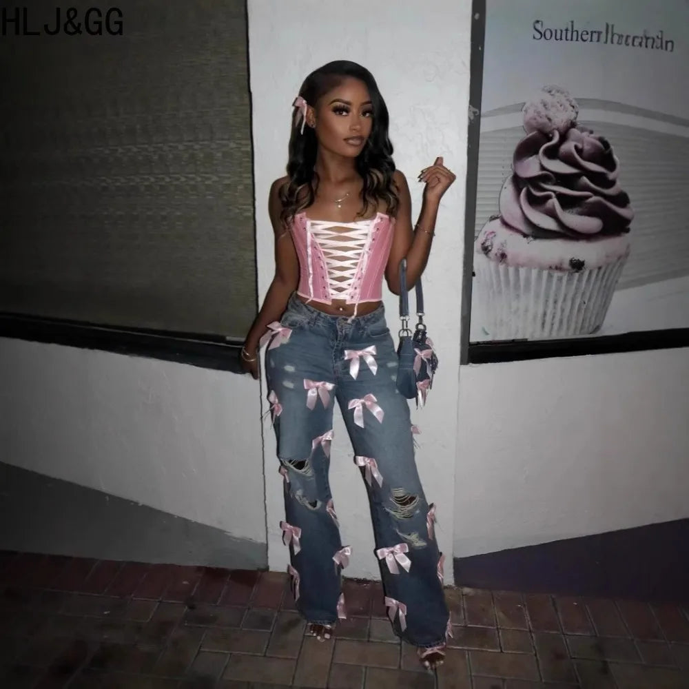 HLJ&GG Y2K Fashion Bow Sweet Straight Jeans Pants Women High Waisted Button Pocket, Hot Girl Streetwear Bottoms 2025