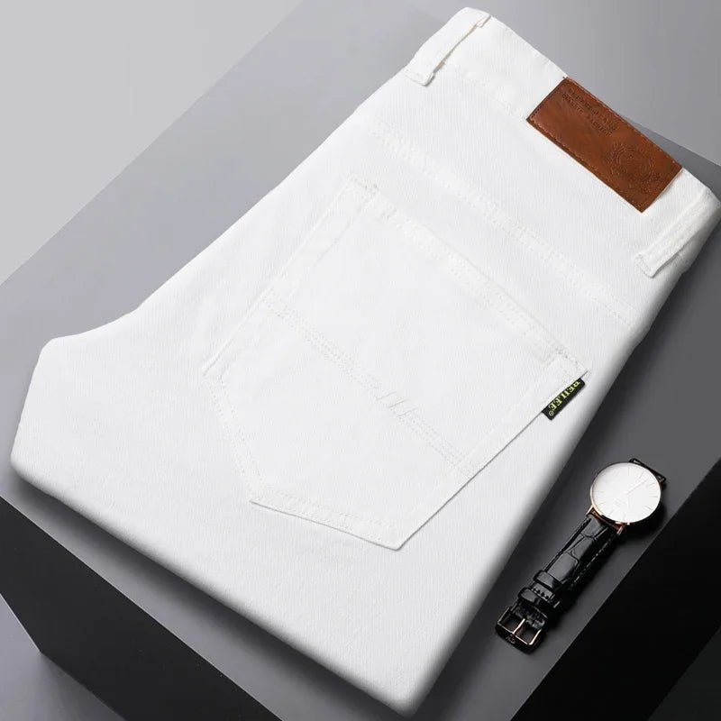 White Yellow Pink fashion 5 Color Men's Cotton Casual Pants Jeans Slim Straight Solid Color Business Trousers Four Seasons Brand