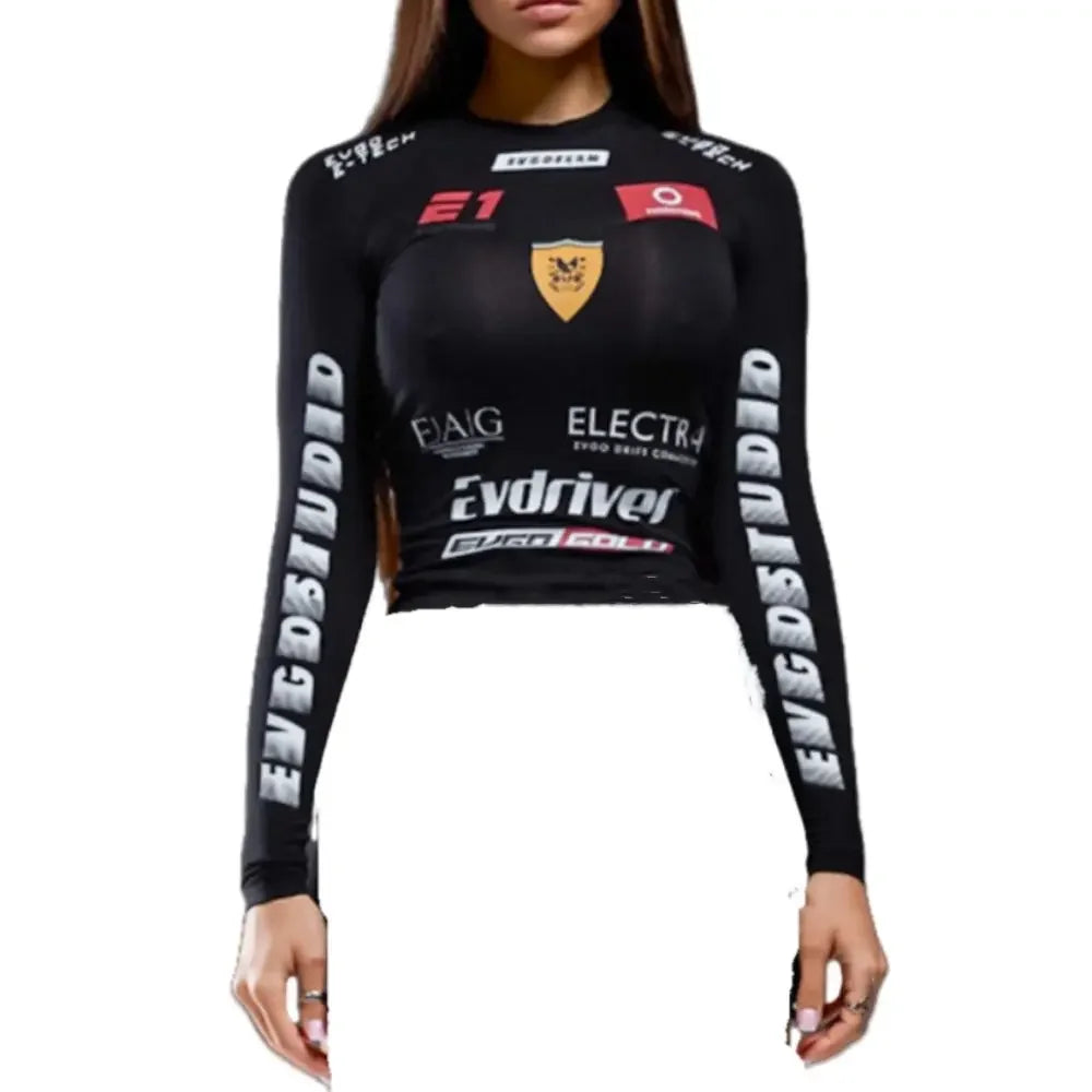 HLJ&GG Y2K Hot Girl Fashion Streetwear Women Letter Print O Neck Long Sleeve Slim Crop Top+Low waist Belt Leather Shorts Outfits