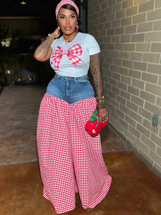 Kricesseen Women Bow Tie Shirt Top And Plaid Print Wide Leg Pant Set 2 Piece Outfits Fashion Patchwork Tracksuits Set Clubwear