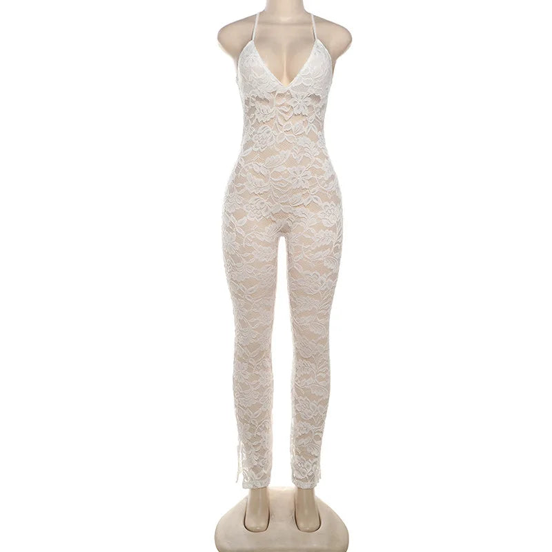 CM.YAYA Fashion Women Spaghetti Strap V-neck Backless Lace See Though Jumpsuits Sexy Club Party Outfits One Piece Suit Rompers