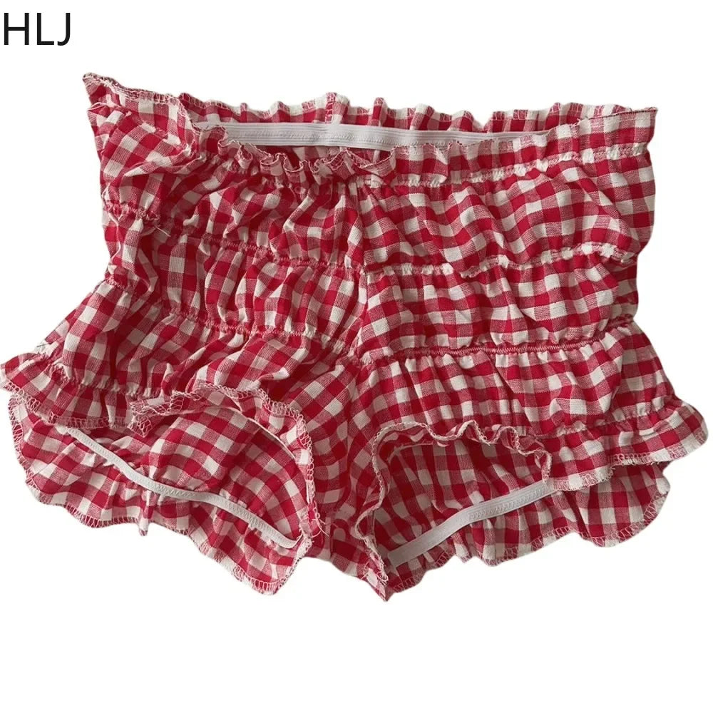 HLJ&GG Y2K Cherry Print Fashion Ruffle Shorts Two Piece Sets For Women V Neck Sleeveless Tank Top + Ruched Shorts Street Outfits