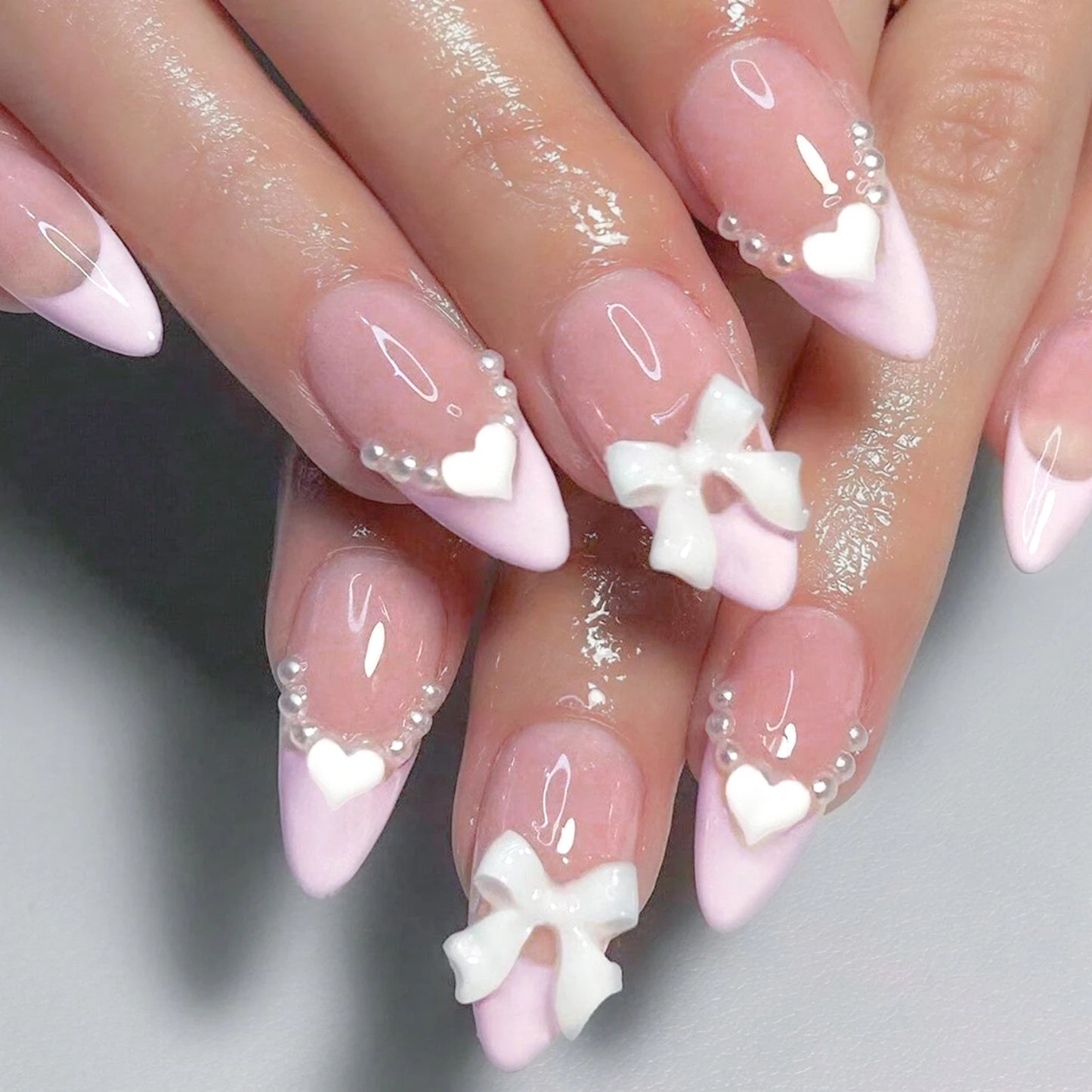 24pcs French Almond False Nails Sweet Pink Pearl Bow Decor Fake Nails Wearable Detachabe Sweet Korean Press on Nails for Girls