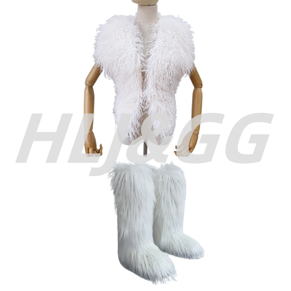 HLJ&GG Trend Y2K Two Piece Sets Women Fur Feather Halter Waistcoat Fashion Backless Lace Up Legs Cover Streetwear Clothing 2025