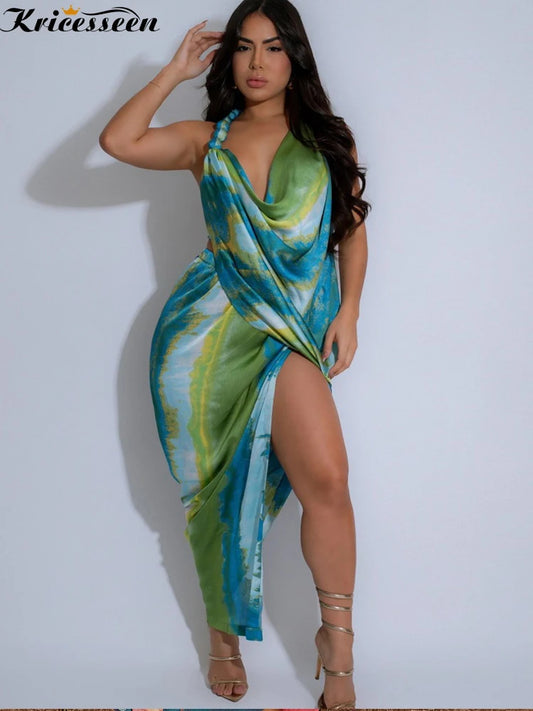 Kricesseen Tropical Women's Halter Neck High Slit Tie Dye Midi Dress Summer Bandage Beach Dress Swimwear Beach Cover-Up Dress