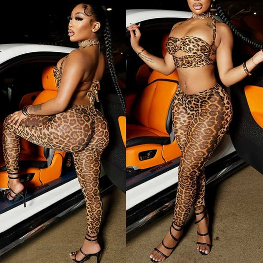 HLJ&GG Sexy Hollow Out Leopard Printing Two Piece Sets Women Halter Bandage Crop Top And Skinny Pants Outfits Fashion Streetwear