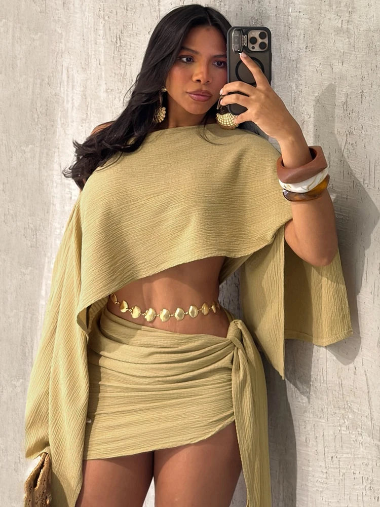 Kricesseen Elegant Single Shoulder Crop Top And Long Straps Skirt Set Women Ruched Two-Piece Vacation Outfits Clubwear