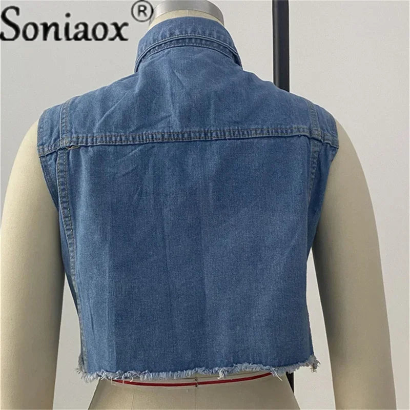2024 Summer New Denim Jacket Coat Women Lapel Short Jacket Casual Jacket Vest Beaded Diamond Denim Vest Jacket Women Streetwear