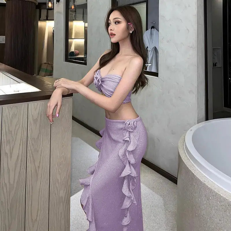 Women Sparkling 3 Piece Swimsuit Halter Neck Sexy Bathing Suit Hot Spring Ready Body Shaping Photogenic Swimwear Vacation Dress