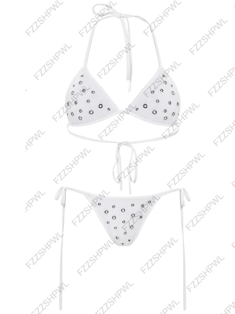 Blue Plaid Lace-up Bow Decorate Kawaii Bikini Sets Halter Striped Bra Underwears Y2k Swimsuits Lolita Bathing Suit Girls