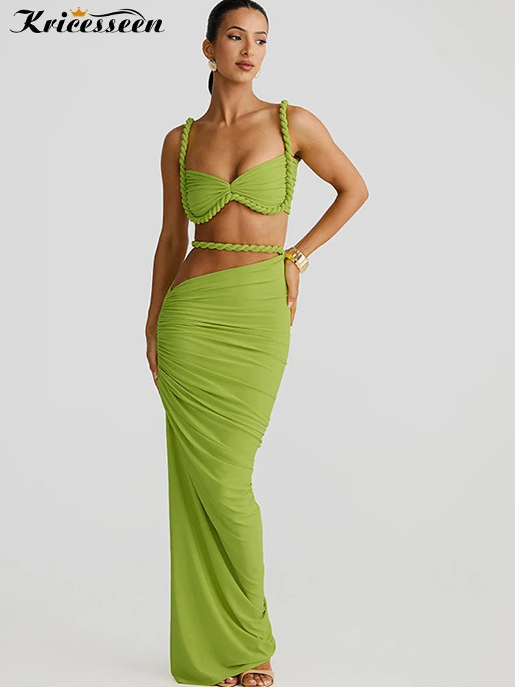 Kricesseen Women's Spaghetti Straps Tube Top And Matching Skirt Set Summer Bandage Two-Piece Dress Night Clubwear Vestidos