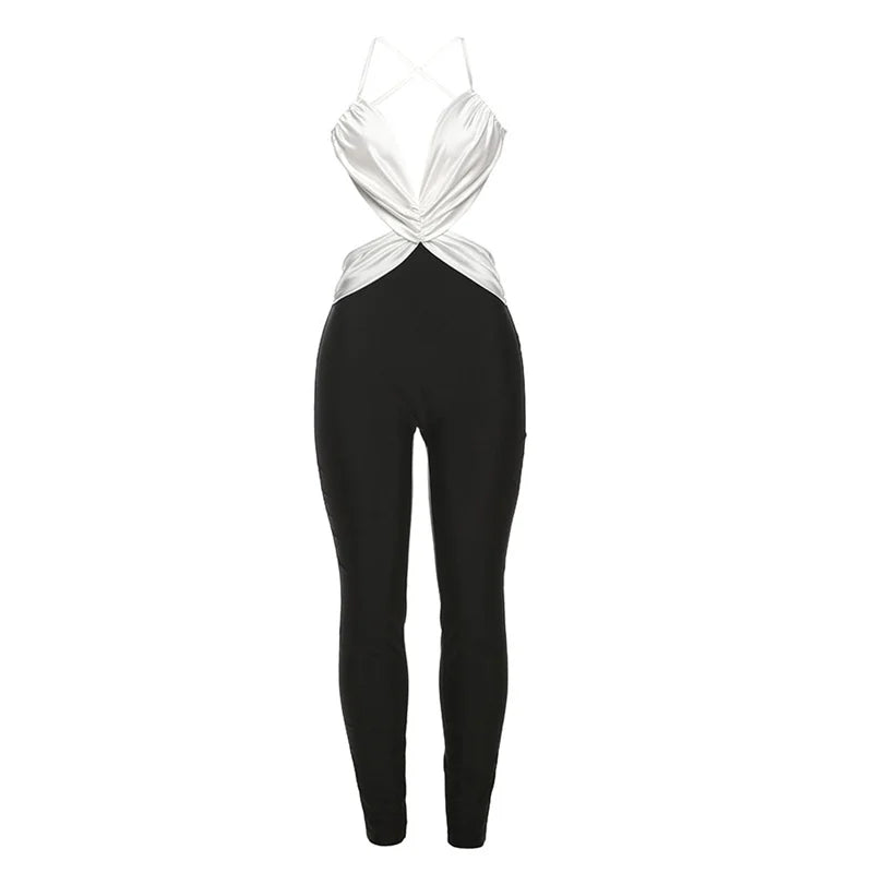 Weird Puss Sexy Backless Jumpsuit Women Sleeveless Cross Ruched Wrap Straps Midnight Coquette Workout Activity Fitness Overalls