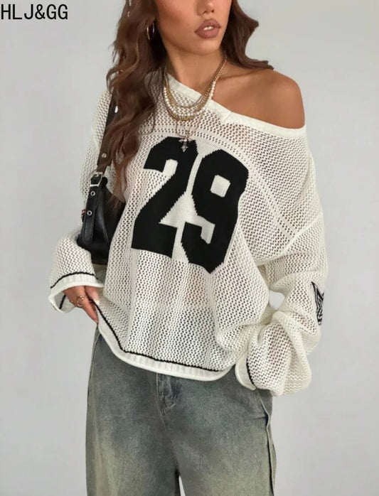 HLJ&GG Fashion Mesh Hollow Letter Printing Loose Tshirts Women V Neck Long Sleeve Sporty Street Tops Y2K Summer New Tees Wear