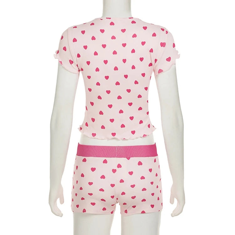 STYLISH LADY Heart Printed 2 Piece Set Women Short Sleeve Crop Top and Shorts Suits 2025 Summer Valentine's Day Home Sleepwear
