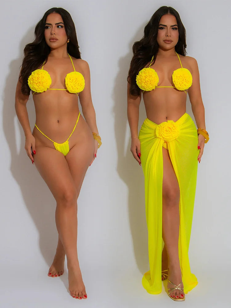 Weird Puss Beach Style Sexy 3 Piece Set Women Lace-Up Halter Pleats Flower Bra+Briefs+See Through Skirts Fashion Bikini Suit