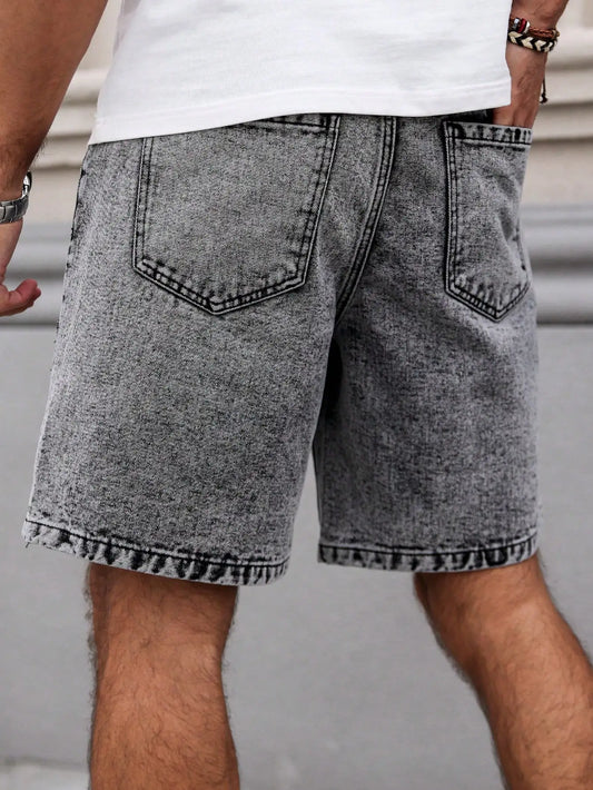 Summer Denim Shorts. Straight-leg fit. Ripped design. Dark gray denim embroidered shorts, men's jeans