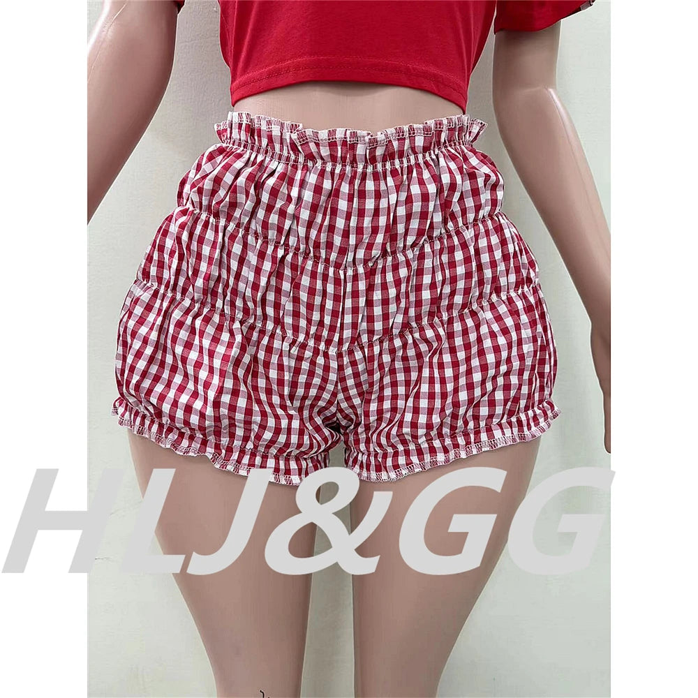 HLJ&GG Red American Vintage Letter Streetwear Women V Neck Short Sleeve Slim Crop Top And Ruched Shorts Two Piece Sets Outfits