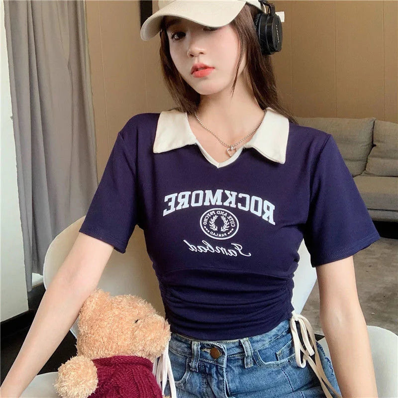 Women Designer Sweet Spicy Style Clothes Lady Drawstring Tie Up Crop Tops Female Turndown Collar Graphic Short Sleeved T-shirts