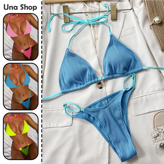 Una-Shop Solid Color Bikinis Sets With Adjustable Straps Trendy Swimsuit For Women Summer Beach Swim Pool Party Bikini Swimwear